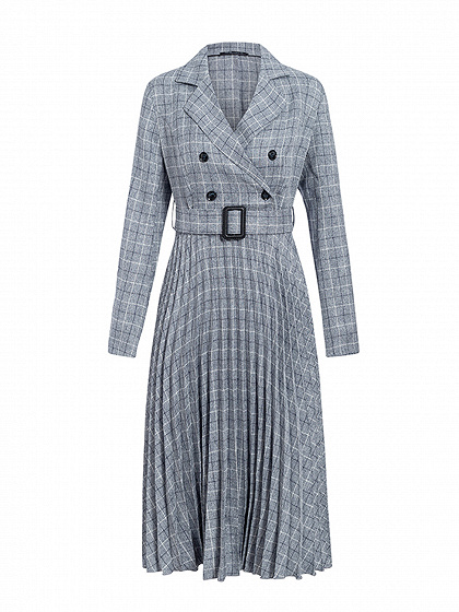 Gray Plaid Pleated Detail Long Sleeve Midi Dress | Choies