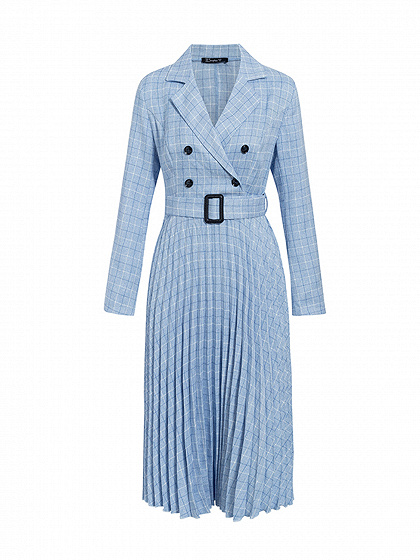 Blue Pleated Detail Long Sleeve Midi Dress | Choies