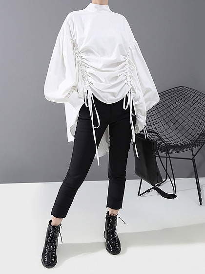 White Drawstring Front Puff Sleeve Blouse