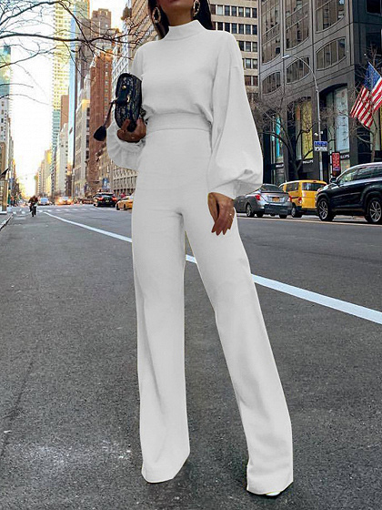 White High Neck Long Sleeve Jumpsuit