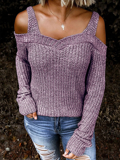 Purple Cold Shoulder Long Sleeve Sweater