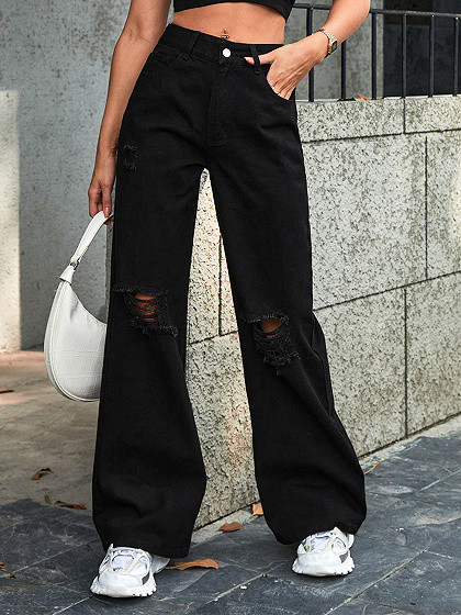 Black Ripped high-waisted wide-leg casual denim pants