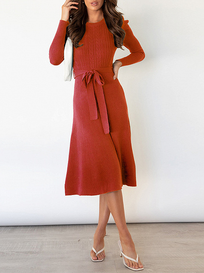 Red Puffed sleeve high-waisted knit dress