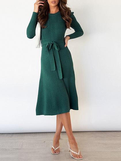 Green Puffed sleeve high-waisted knit dress