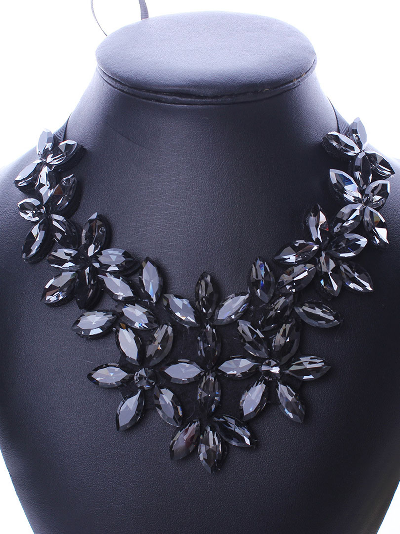 Black Crystal Flower Statement Collar Necklace | Choies