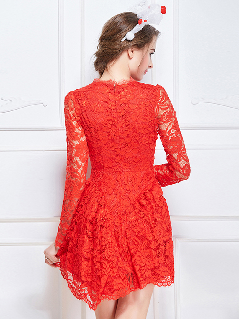 Red Sheer Lace Long Sleeve Skater Mini Dress Choies