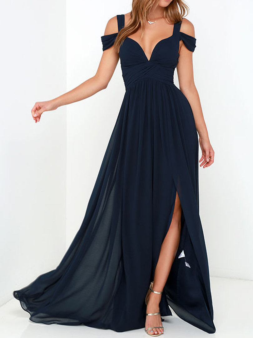 Cold Shoulder Wrap Maxi Prom Dress In Navy Choies 