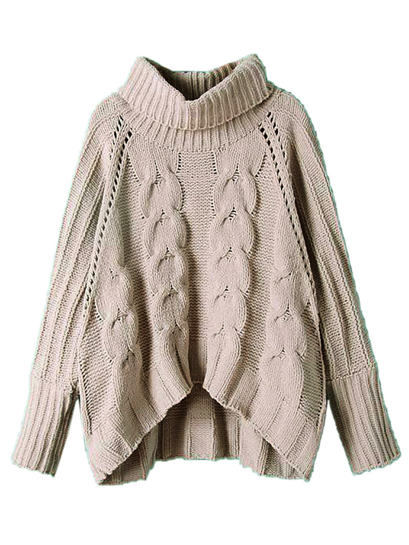 Gray High Neck Chunky Cable Long Sleeve Sweater | Choies