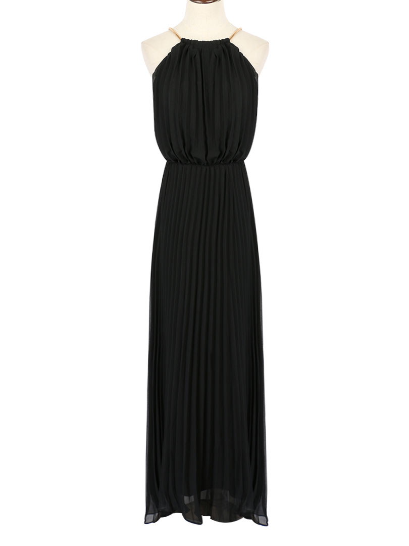 Black Halter Cut Out Sleeveless Pleated Chiffon MaxiDress | Choies