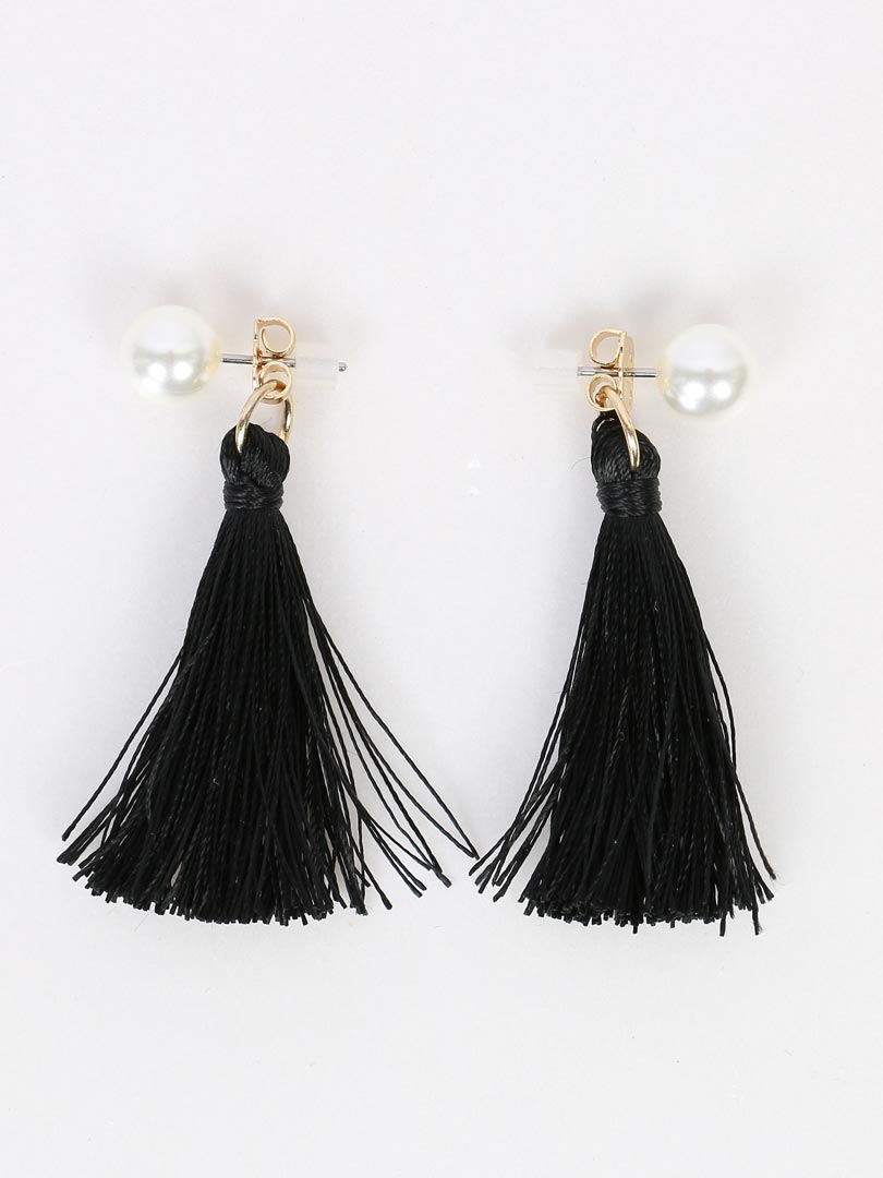 Black Faux Pearl Embellished Tassel Stud Earrings | Choies