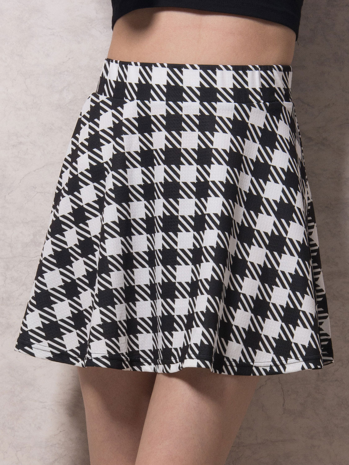 Monochrome Houndstooth High Waist Skater Skirt Choies