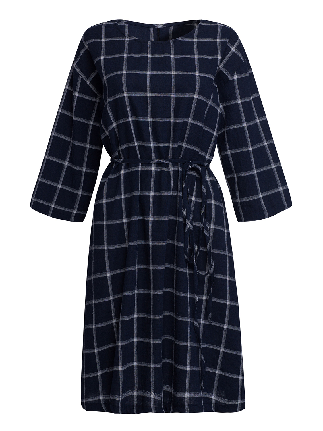 Blue Check Print 3/4 Sleeve Tied Waist Midi Dress Choies