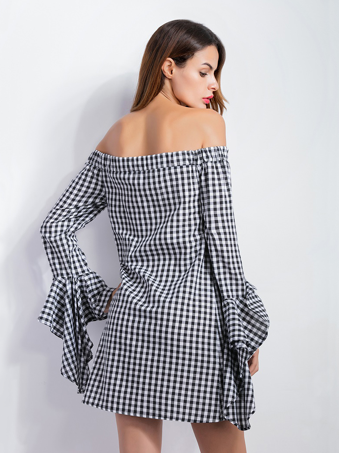 Monochrome Off Shoulder Gingham Print Flare Sleeve Dress | Choies