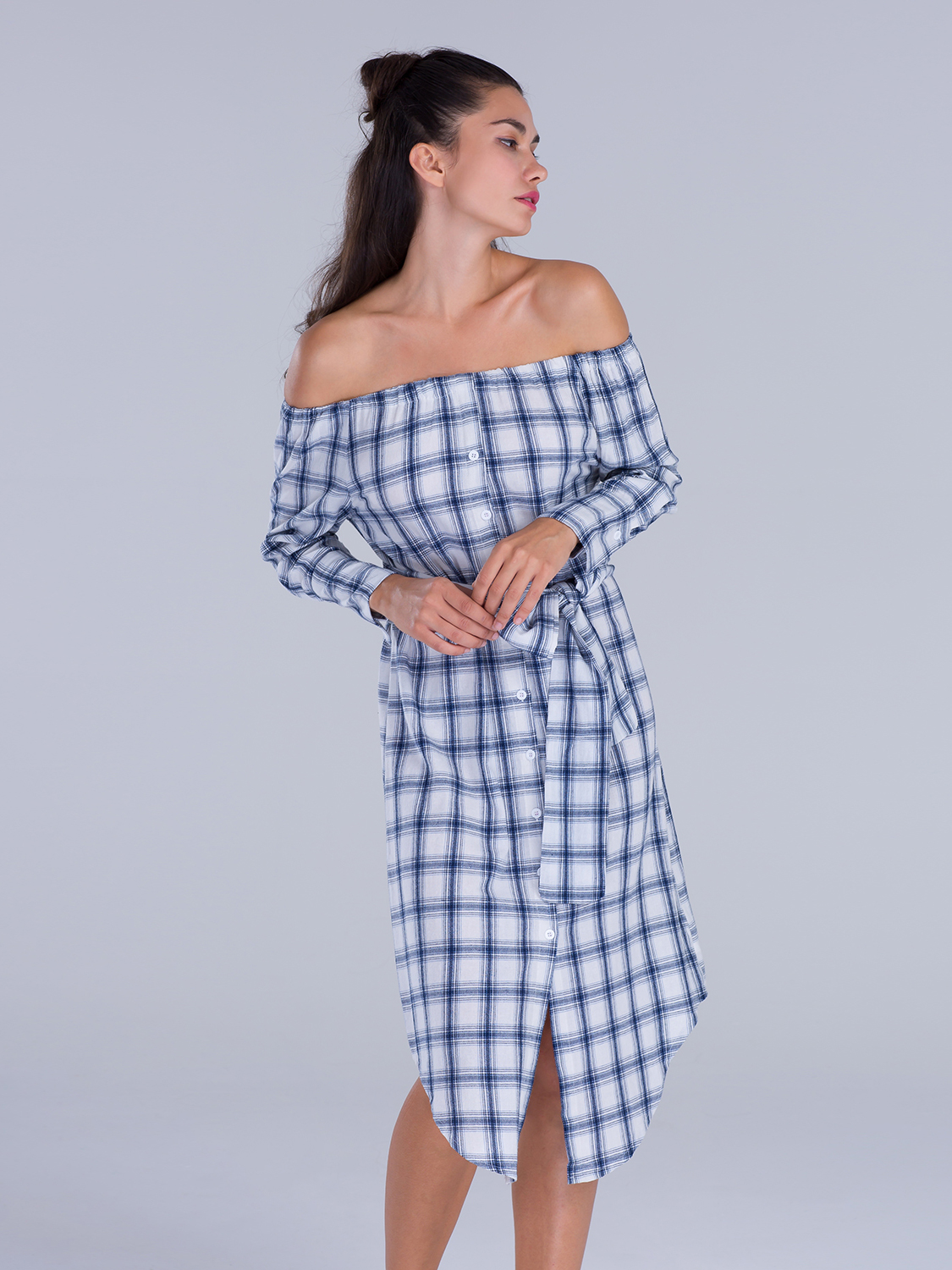 Blue Plaid Off Shoulder Tie Waist Midi Dress | Choies