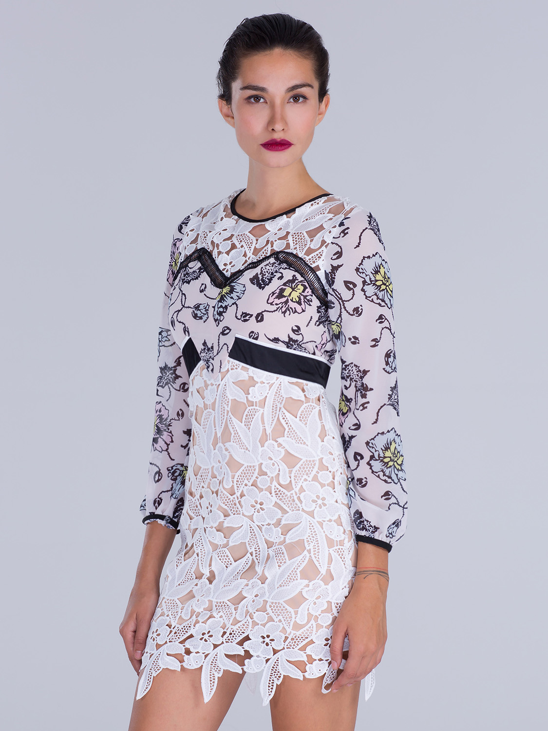White Color Block Floral Lace Shift Dress | Choies