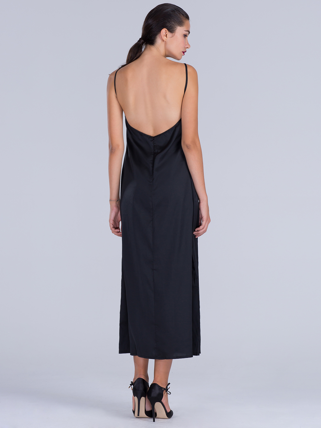 Black Open Back Plain Cami Maxi Dress | Choies