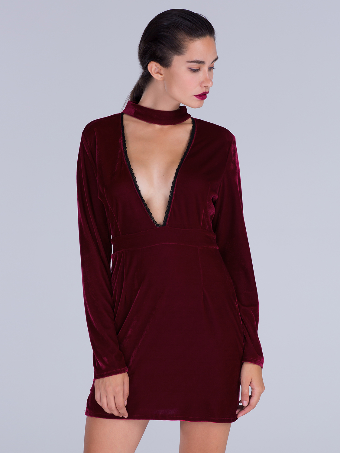 Burgundy Choker Detail Plunged Front Split Vevlet Bodycon Dress | Choies