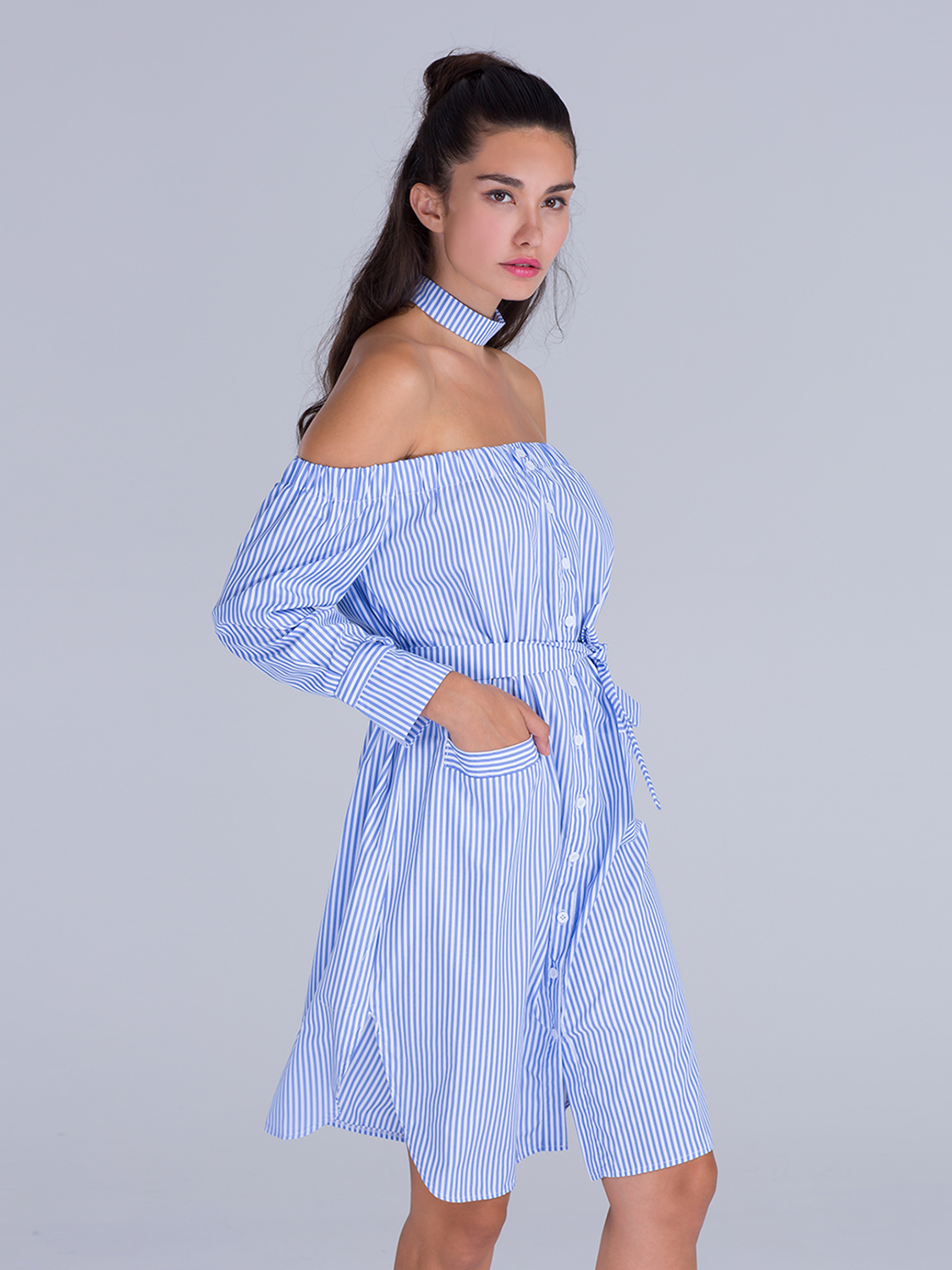 Blue Stripe Off Shoulder Choker Neck Tie Waist Midi Dress | Choies