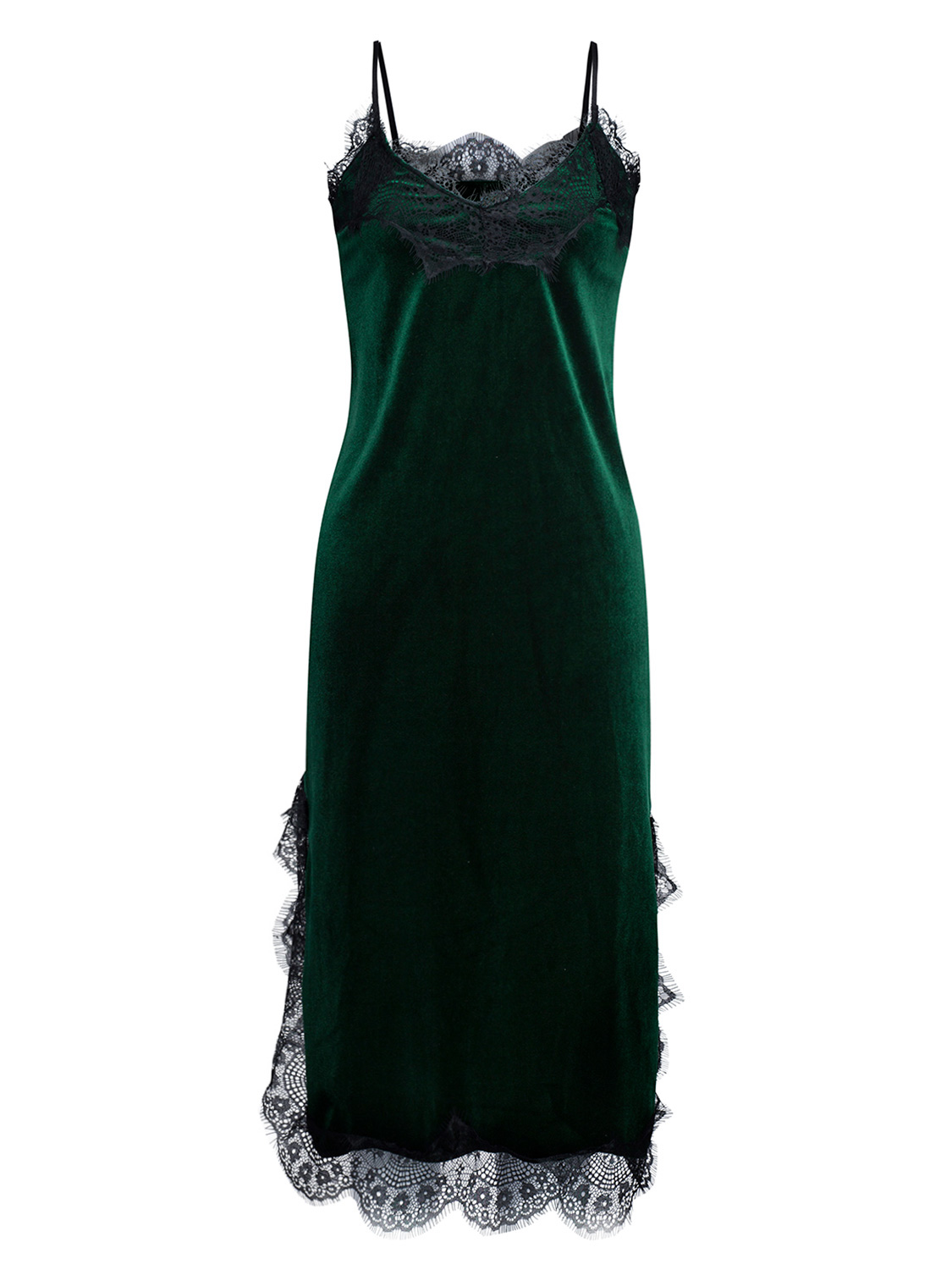 Deep Green Velvet Spaghetti Strap Lace Trim Side Split Maxi Dress | Choies