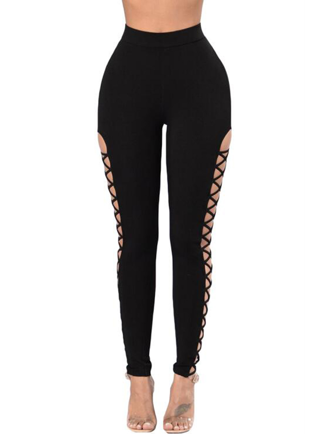 Black High Waist Lace Up Detail Leggings | Choies