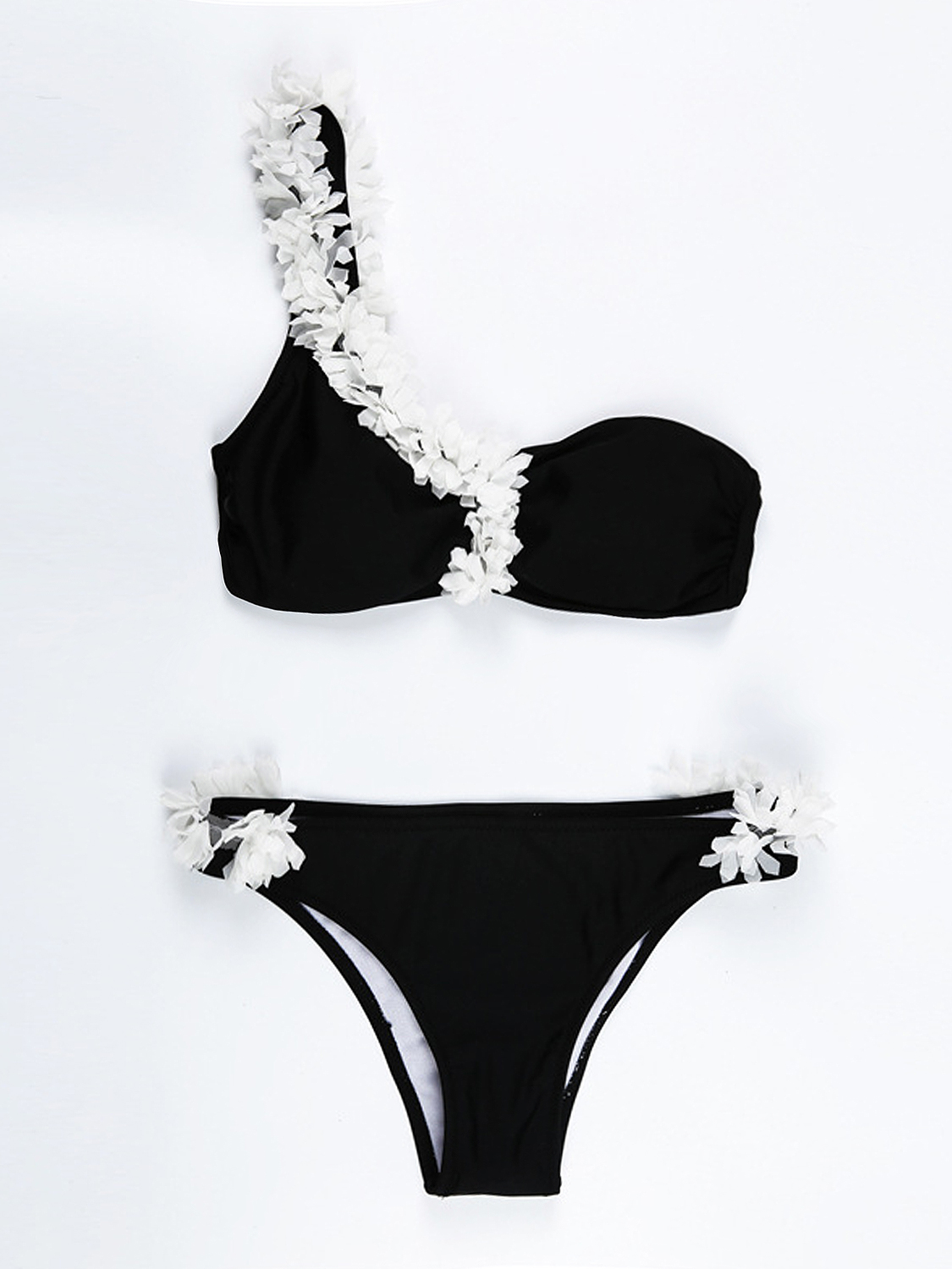 Black One Shoulder Applique Trim Bikini Top and Bottom | Choies