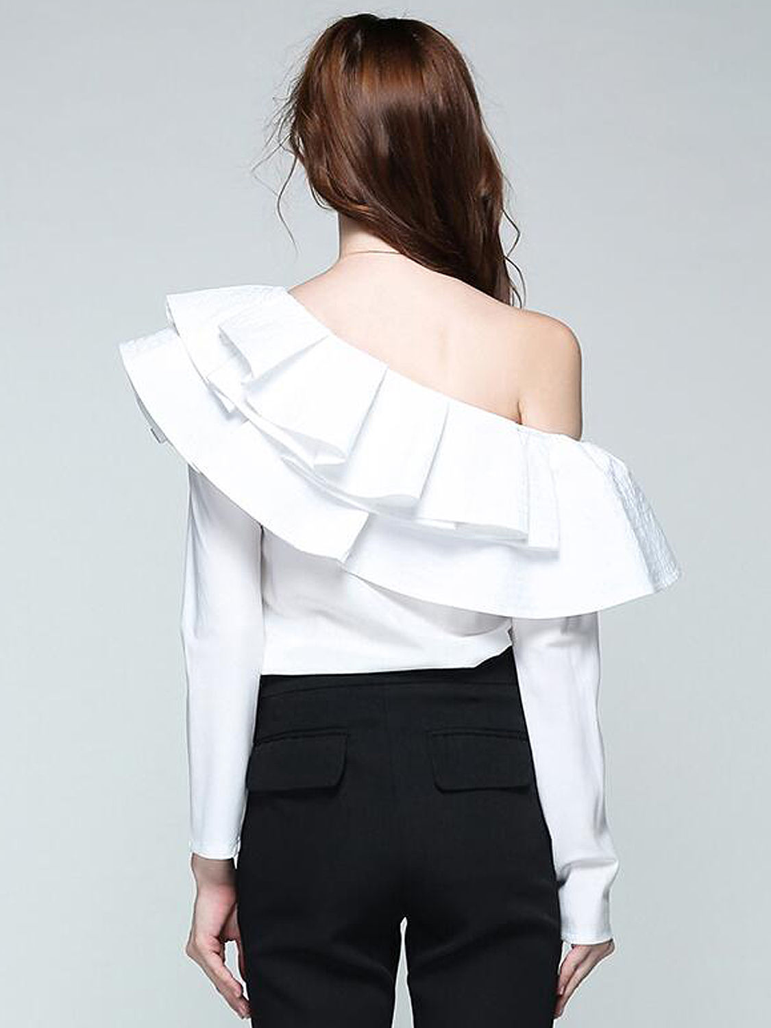 White One Shoulder Double Ruffle Long Sleeve Top Choies