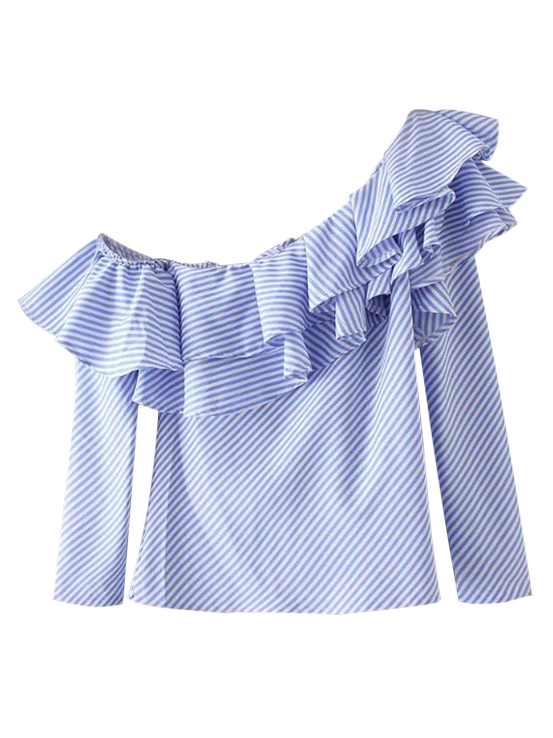Blue Stripe Off Shoulder Ruffle Detail Long Sleeve Blouse | Choies