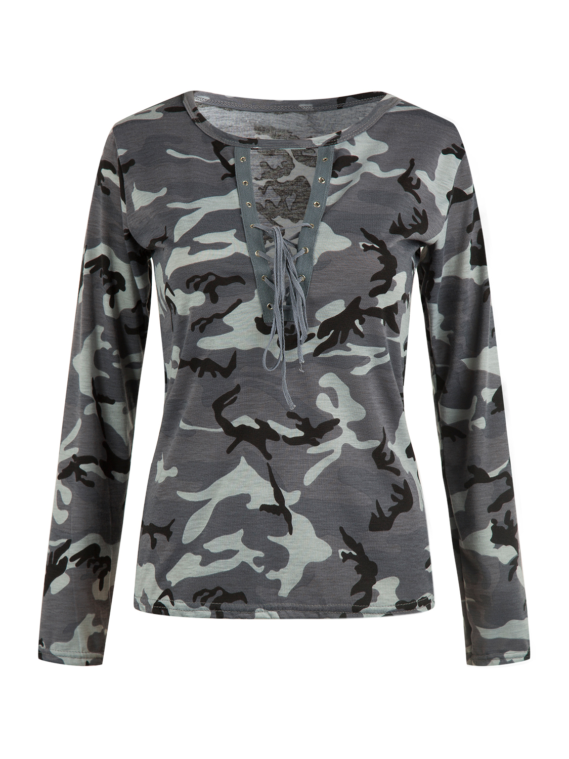 Grayish Green Camo Plunge Lace-up Front Long Sleeve T-shirt | Choies