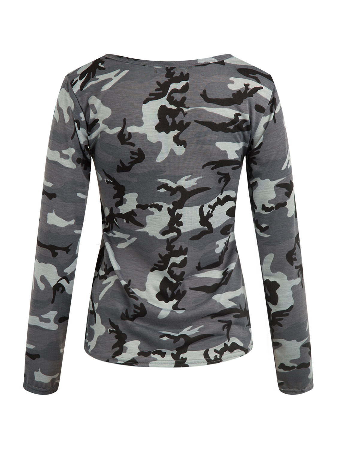 Grayish Green Camo Plunge Lace-up Front Long Sleeve T-shirt | Choies