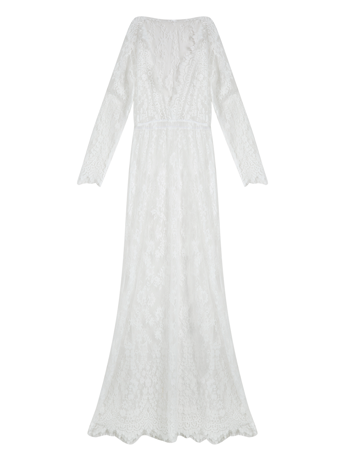 White Plunge Sheer Lace Long Sleeve Maxi Dress | Choies