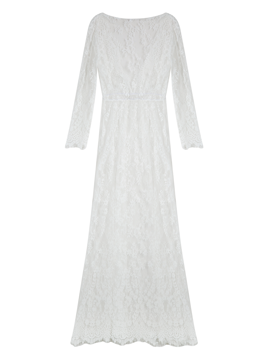 White Plunge Sheer Lace Long Sleeve Maxi Dress | Choies