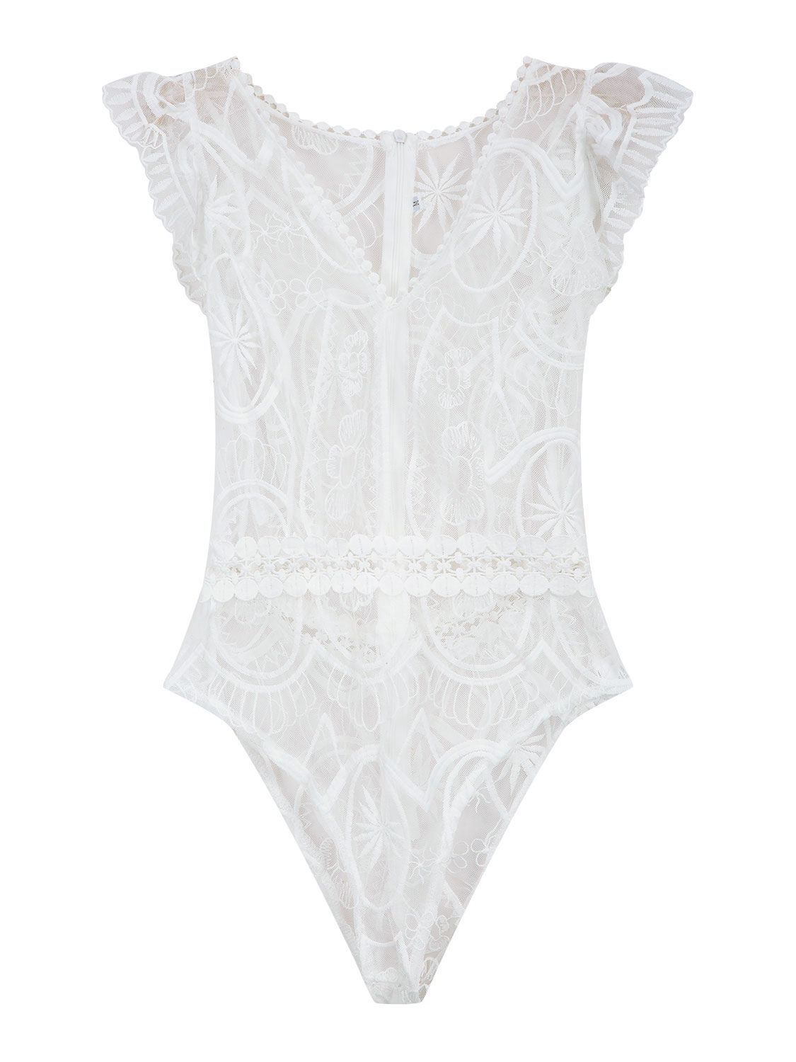 White Plunge Frill Strap Sheer Lace Bodysuit | Choies