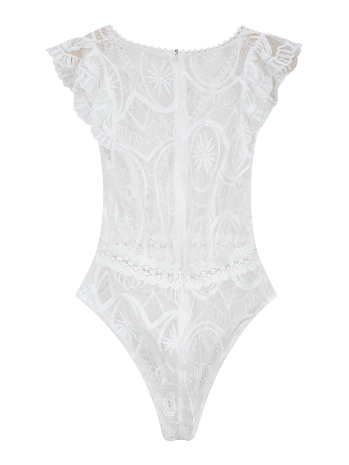 White Plunge Frill Strap Sheer Lace Bodysuit | Choies