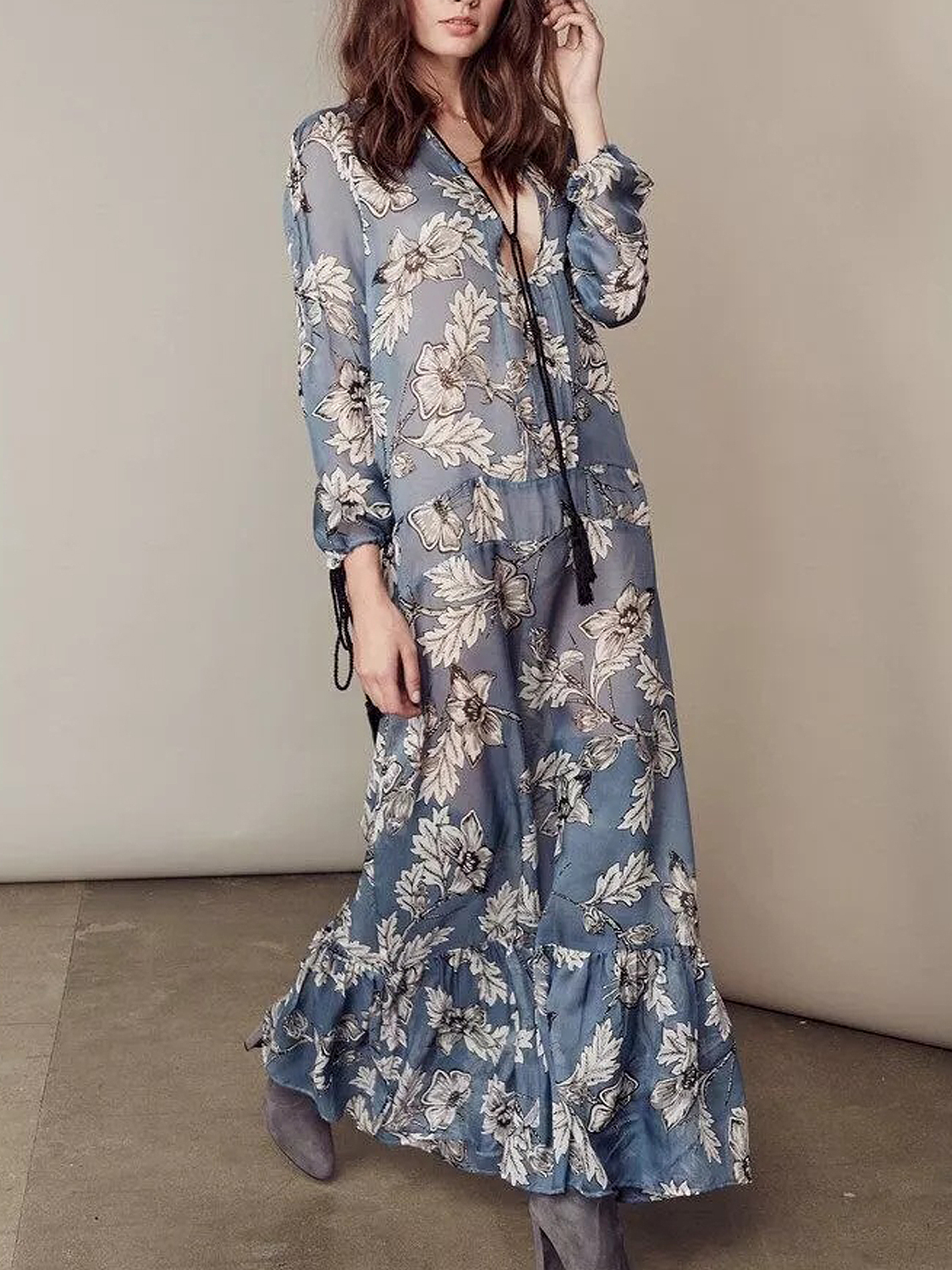 Blue Floral Plunge V-neck Ruffle Hem Long Sleeve Maxi Dress | Choies