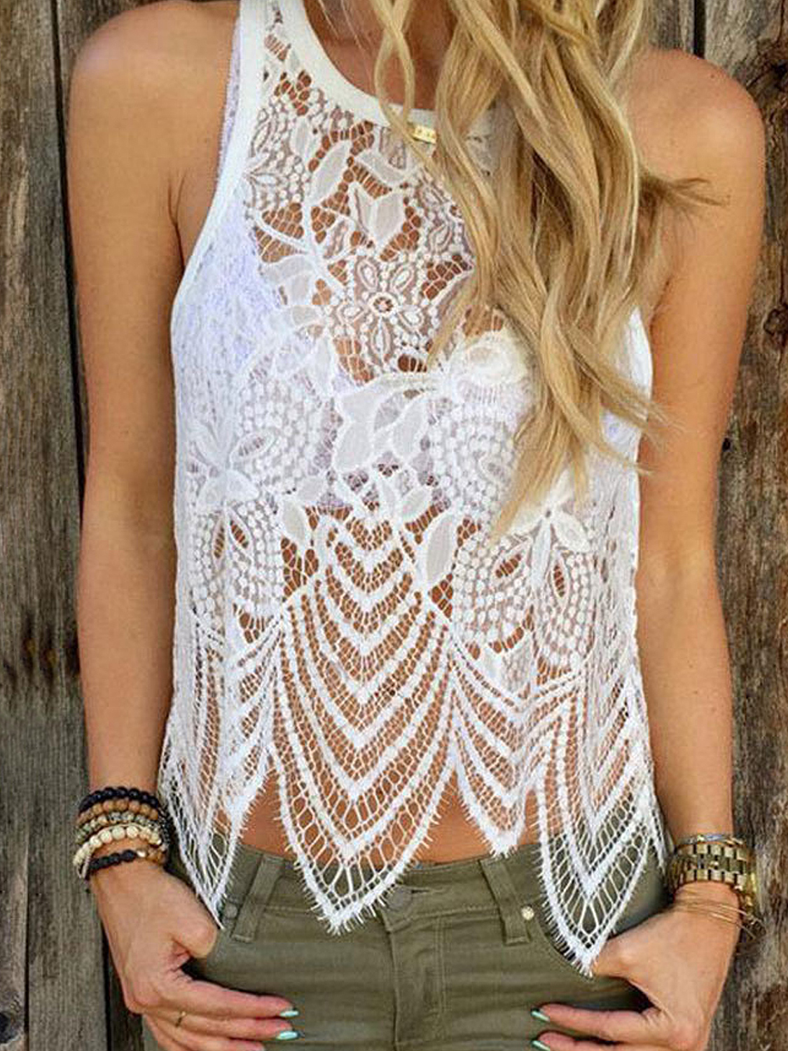 White Round Neck Eyelash Lace Tank Top Choies