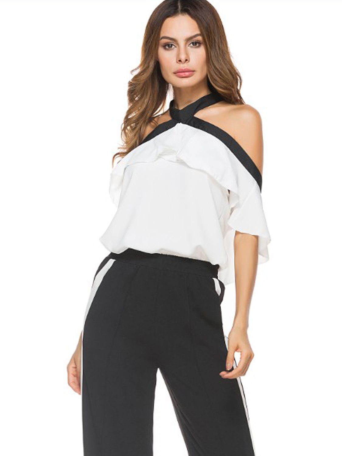 White Halter Tie Neck Cold Shoulder Ruffle Contrast Trim Top Choies