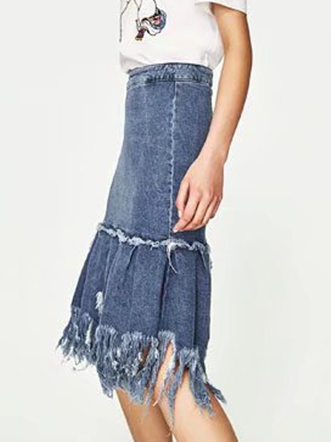 Blue High Waist Fringe Hem Denim Skirt | Choies