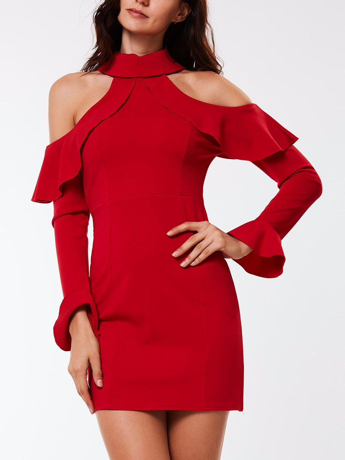 Red Choker Neck Cold Shoulder Ruffle Long Sleeve Bodycon Dress Choies