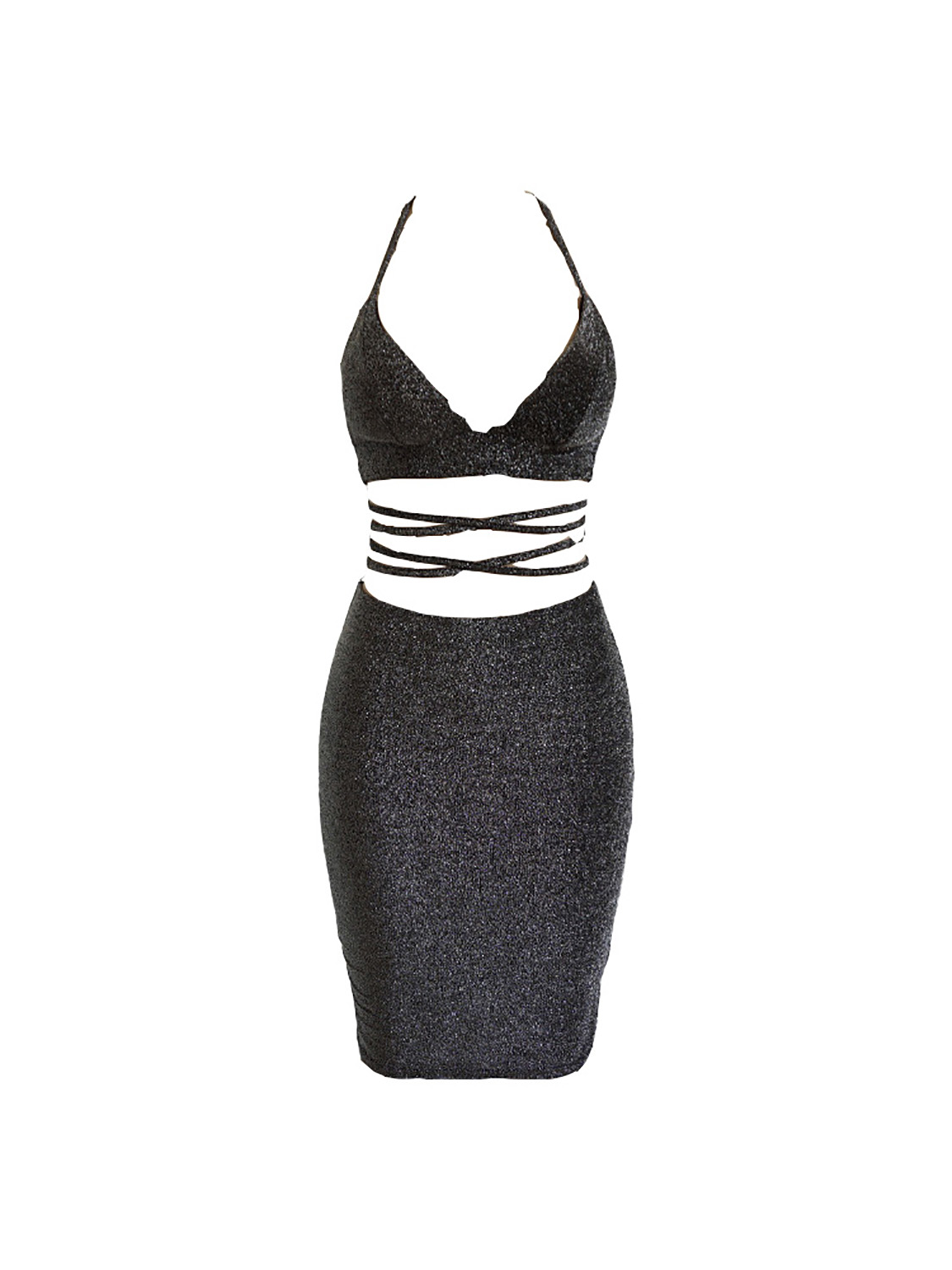 Black V-neck Halter Strap Cross Sparkle Bodycon Dress | Choies