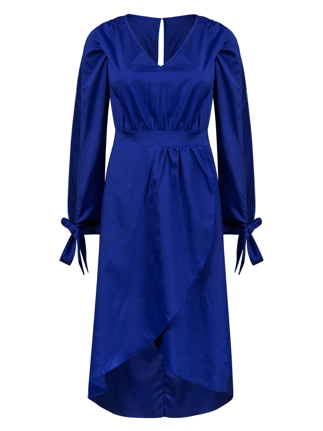 Dark Blue V Neck Slit Sleeve Tie Cuff Wrap Asymmetric Dress | Choies