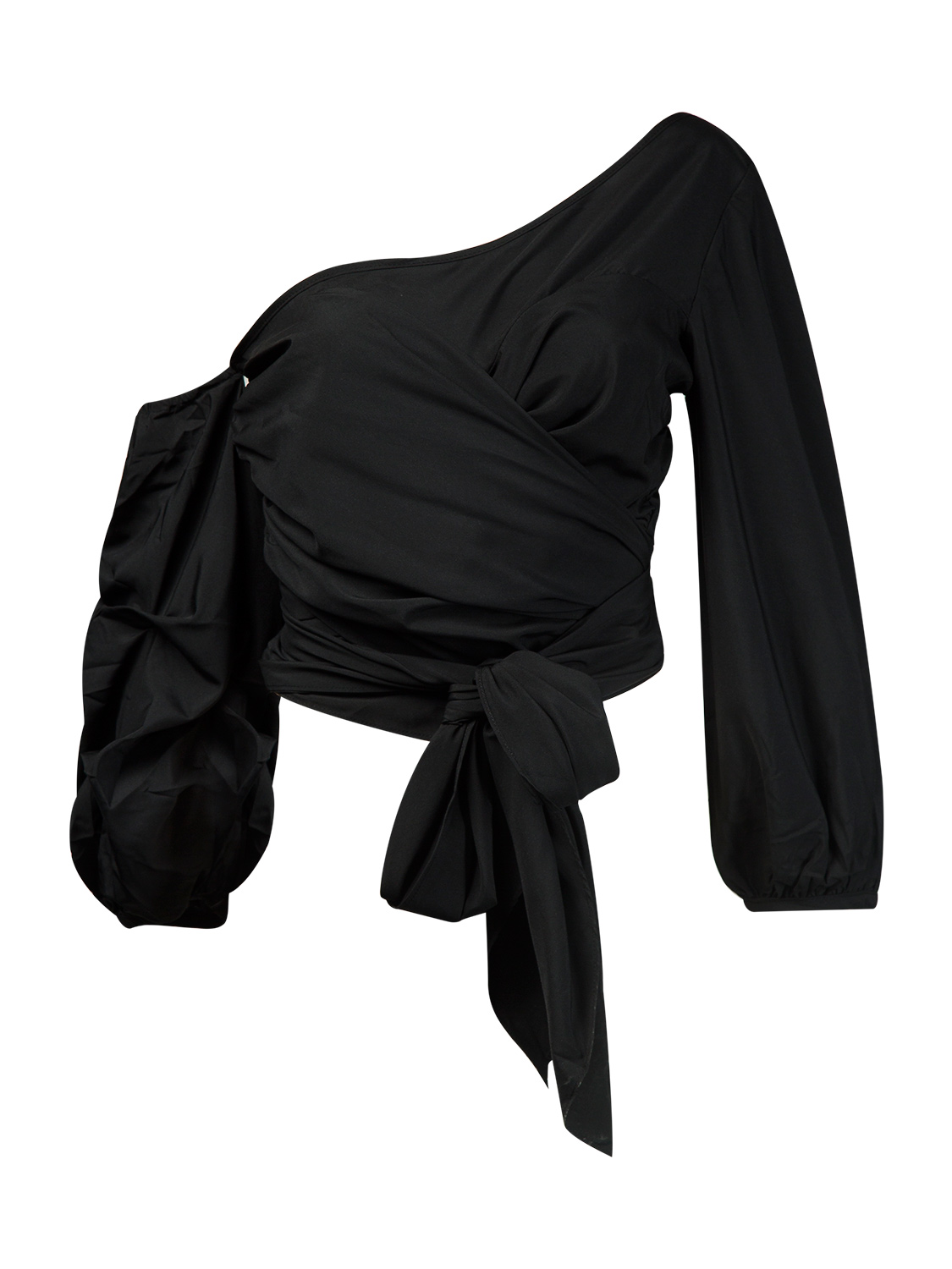 Black One Shoulder Tie Strap Ruched Puff Sleeve Top | Choies