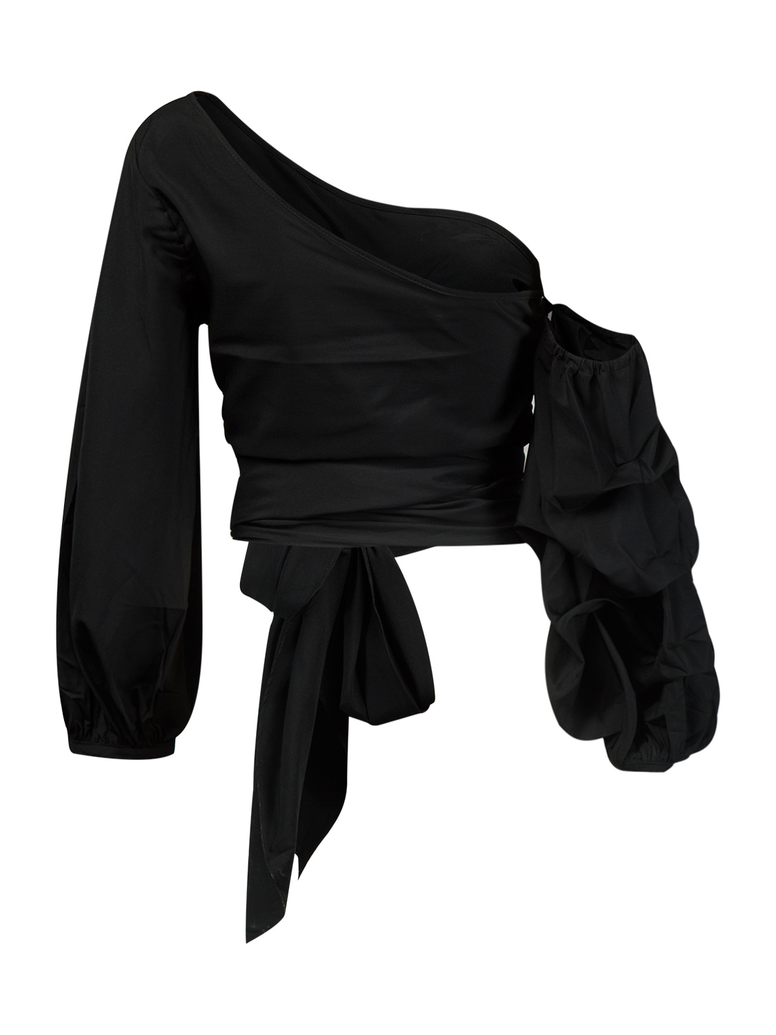 Black One Shoulder Tie Strap Ruched Puff Sleeve Top | Choies