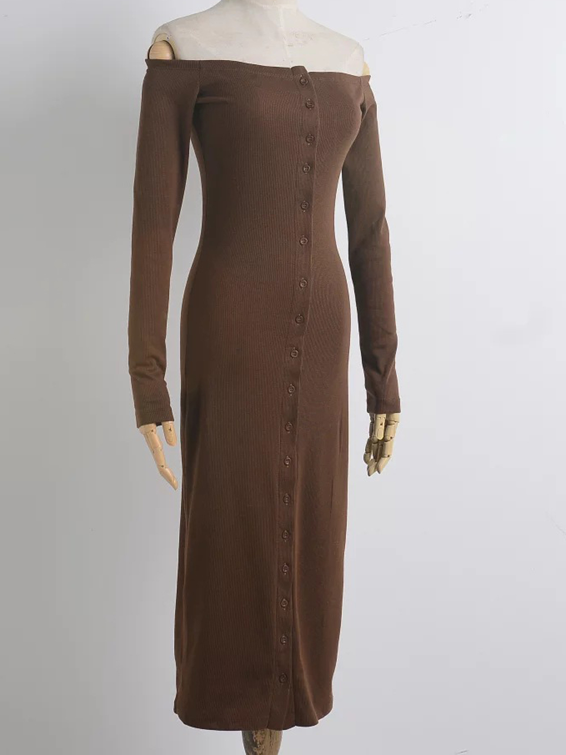 Brown Off Shoulder Button Front Ribbed Bodycon Midi Dress Choies