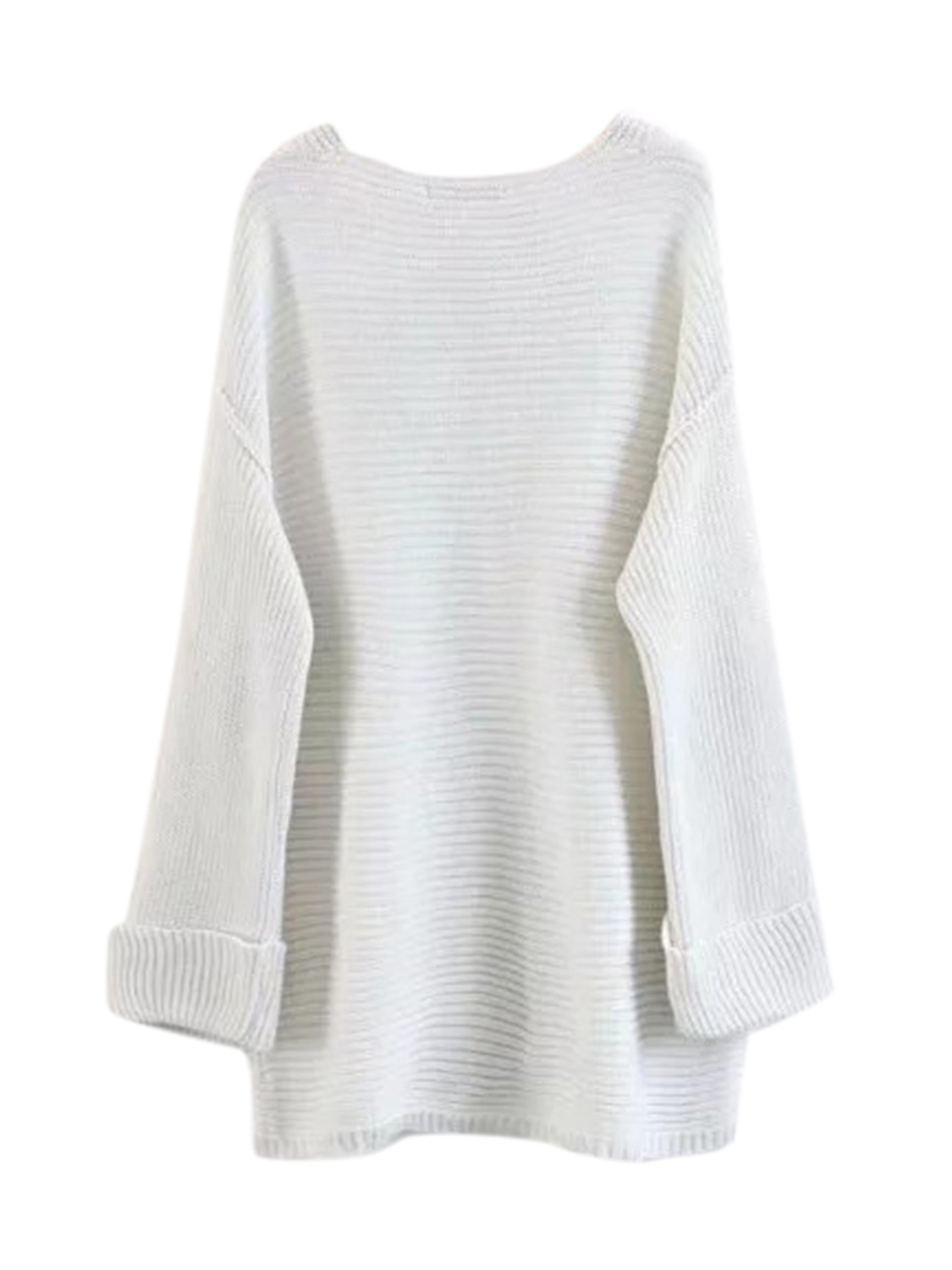 White V-neck Long Sleeve Turn Up Cuff Knit Sweater | Choies
