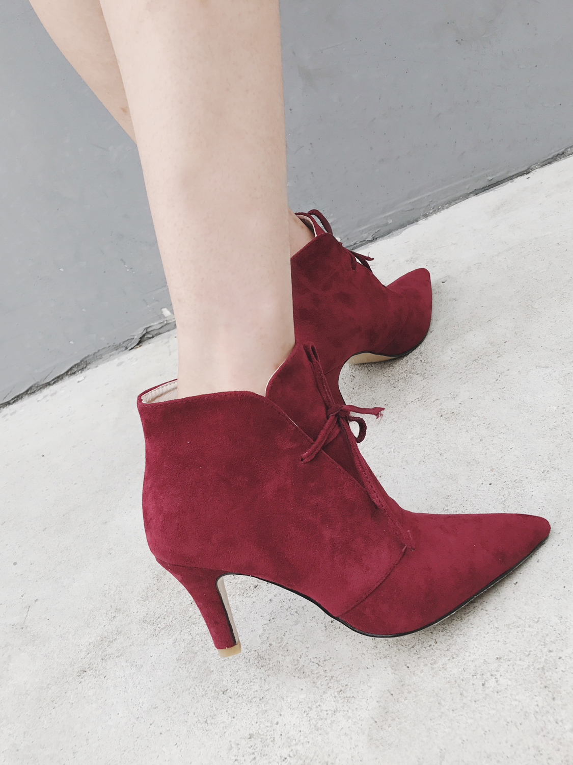 Burgundy Faux Suede Lace Up Pointed Ankle Boots C