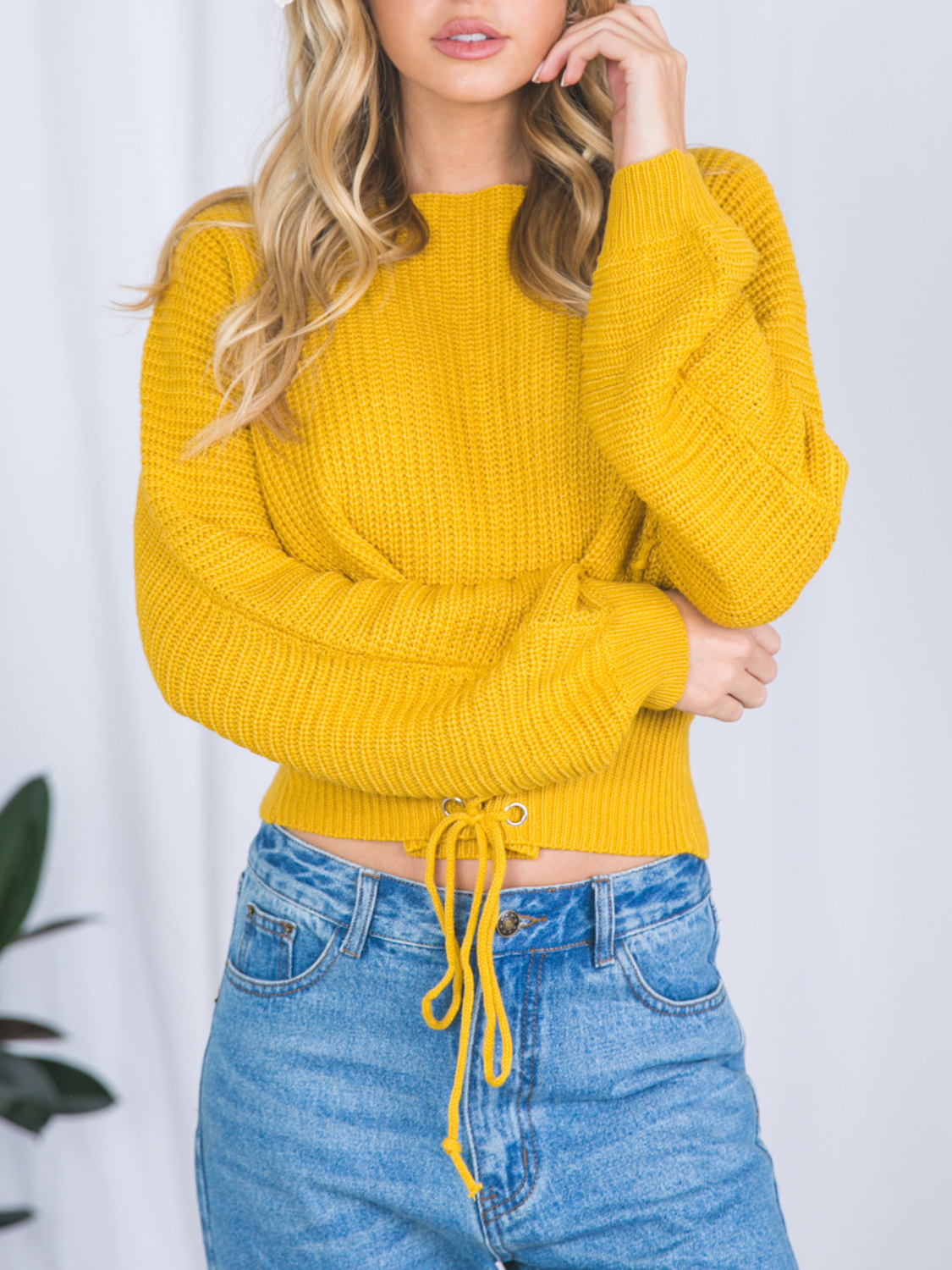 Yellow Lace-up Corset Front Rib Knit Sweater | Choies