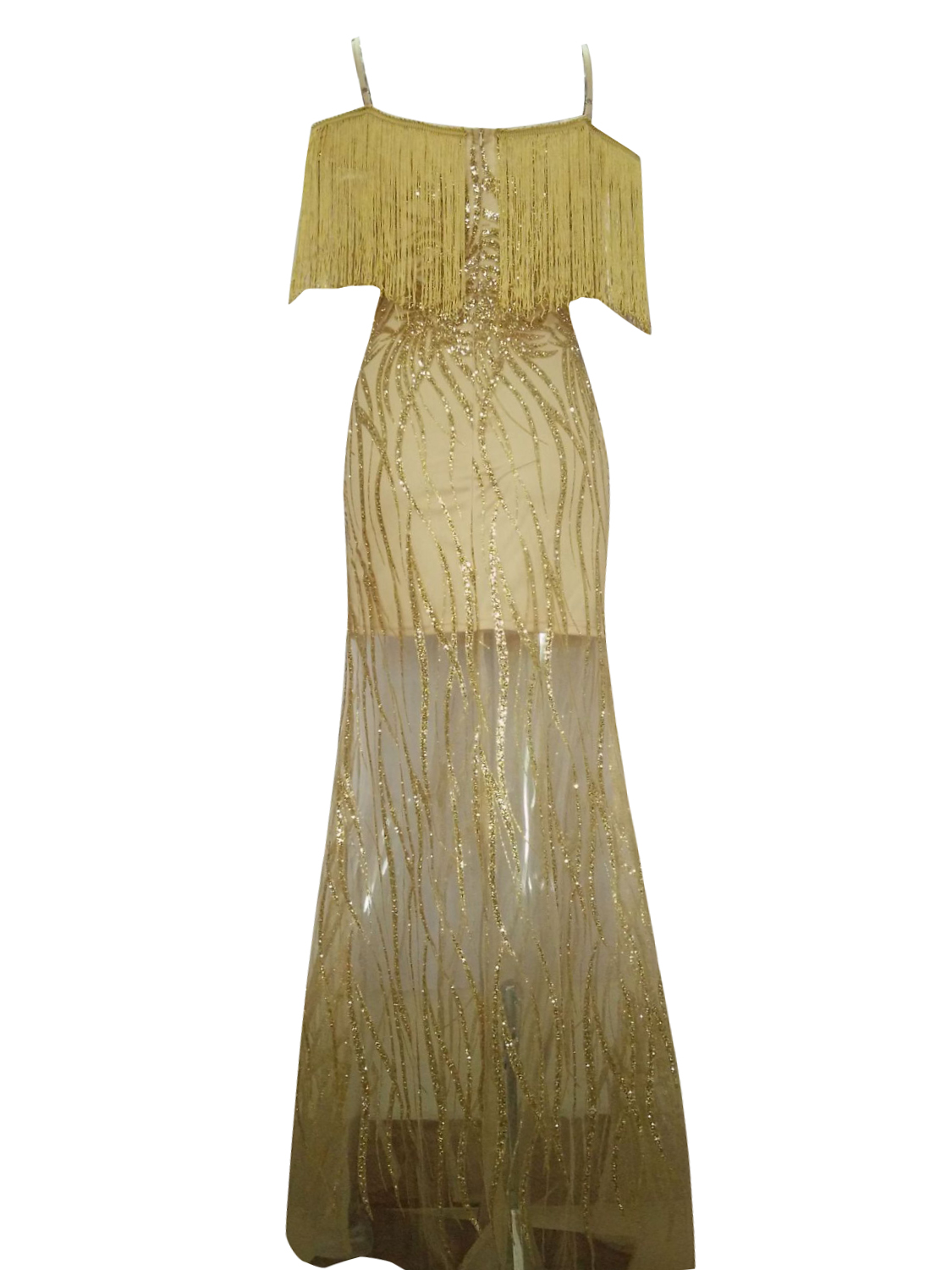 Gold Tassel Trim Sequin Detail Thigh Split Cami Maxi Dress | Choies