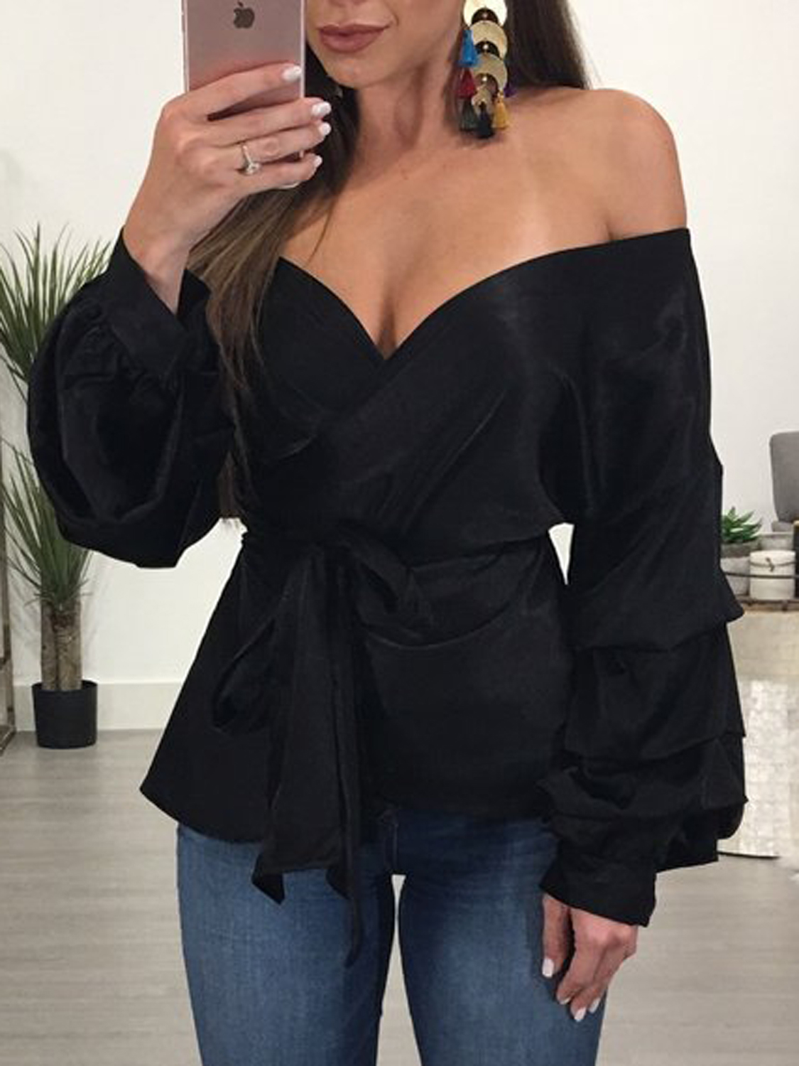 Black Off Shoulder Wrap Tie Waist Ruched Long Sleeve Blouse Choies