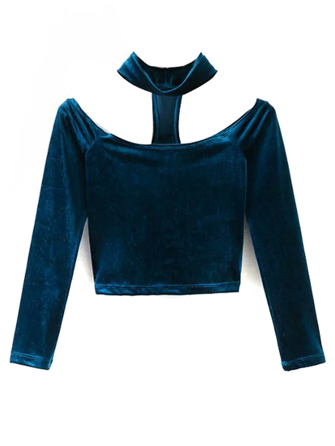 Dark Blue Velvet Choker Neck Off Shoulder Long Sleeve T-shirt | Choies