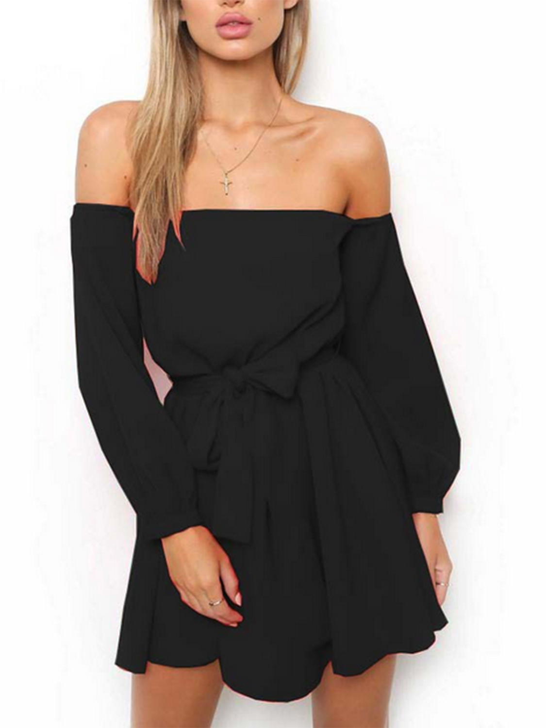 black dress with off shoulder sleeves